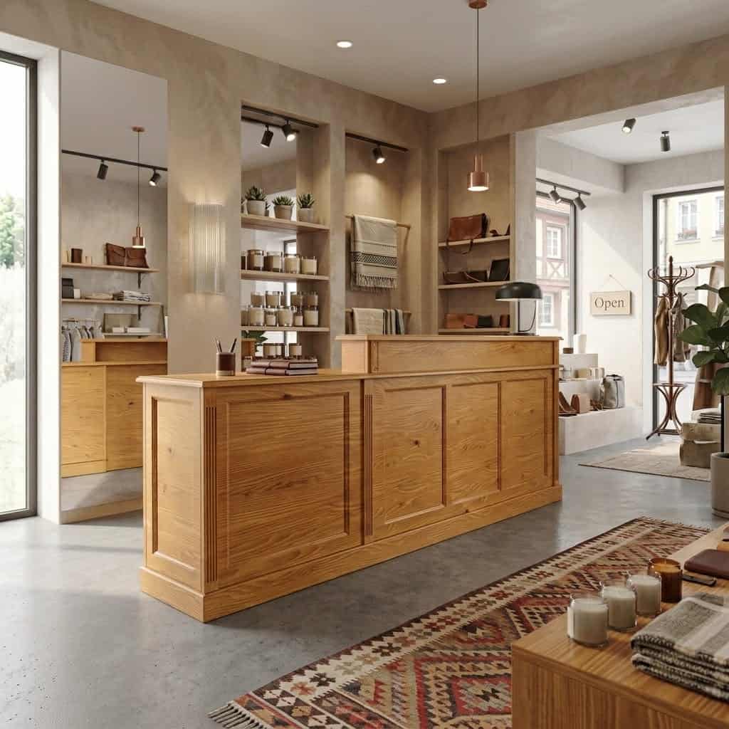 Comptoir d accueil en bois massif dans une boutique de décoration chaleureuse SPEC4
