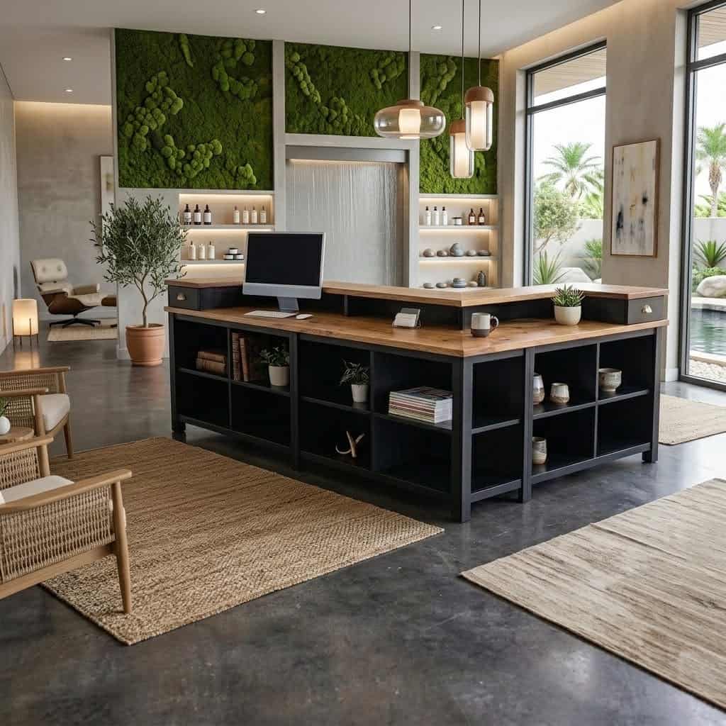 Comptoir d accueil moderne en bois massif et métal noir dans un hall élégant avec murs en mousse végétale et grande baie vitrée SPEC22156
