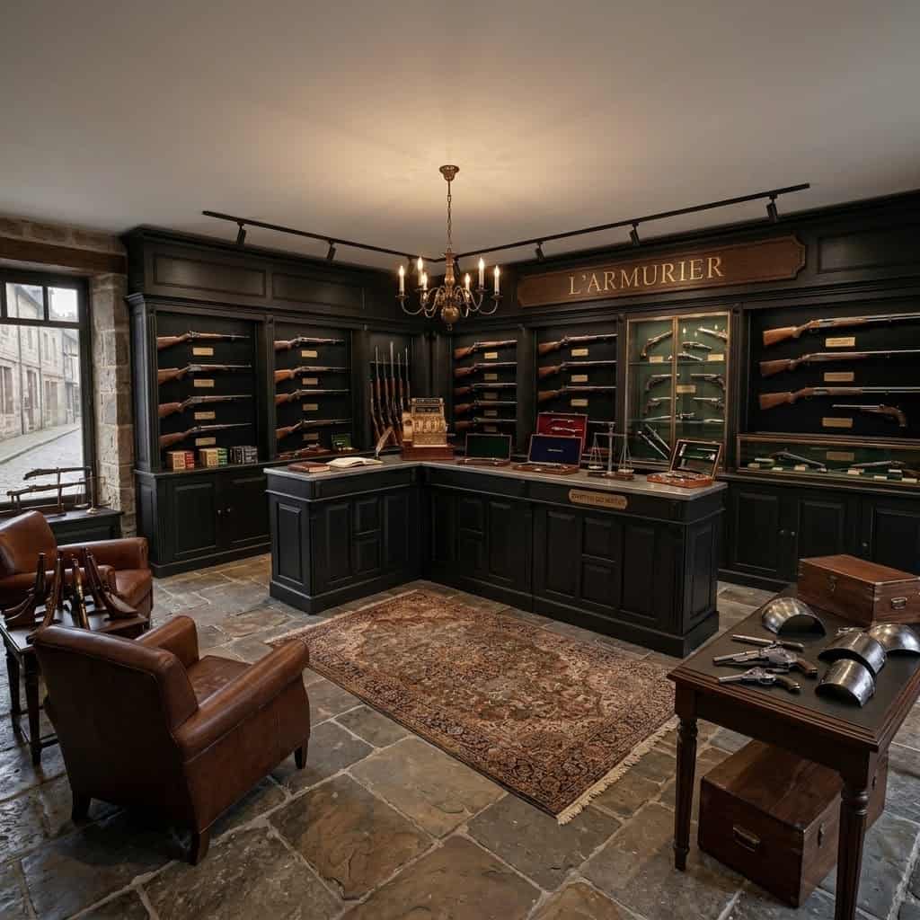 Comptoir d armerie en bois sombre dans une boutique de style ancien avec vitrines murales pour fusils et pistolets de collection SPEC22156