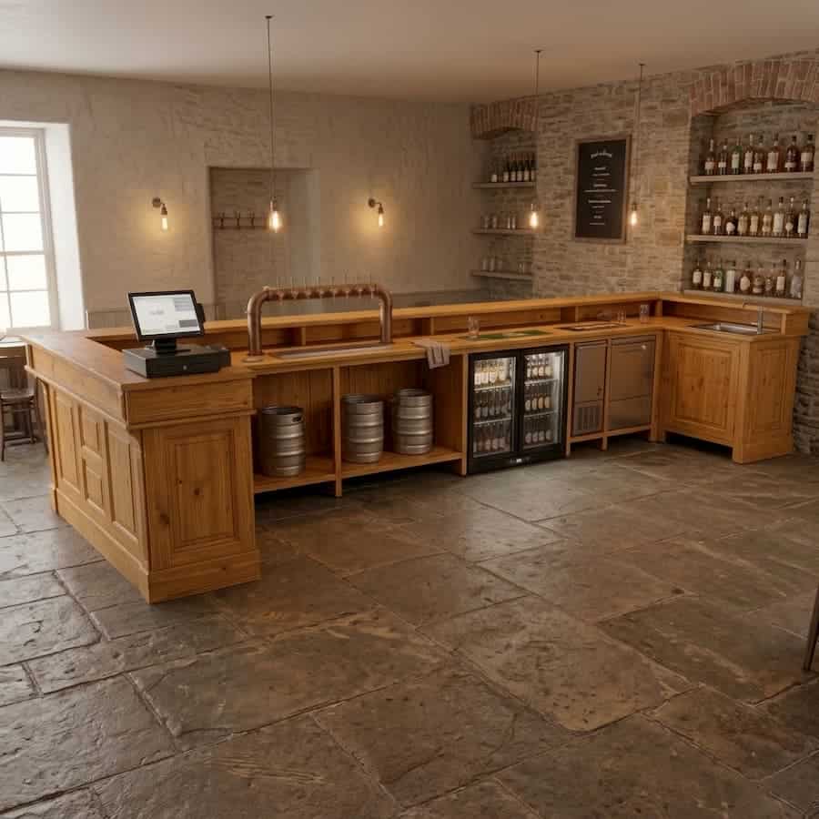 Comptoir de bar d angle en bois rustique avec tireuse en cuivre, frigo vitré, fûts intégrés et sol en dalles de pierre SPEC19907