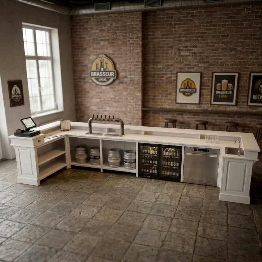 Comptoir de bar moderne en bois blanc équipé d une tireuse à bière, avec fûts, réfrigérateur à boissons et affiches murales SPEC19907
