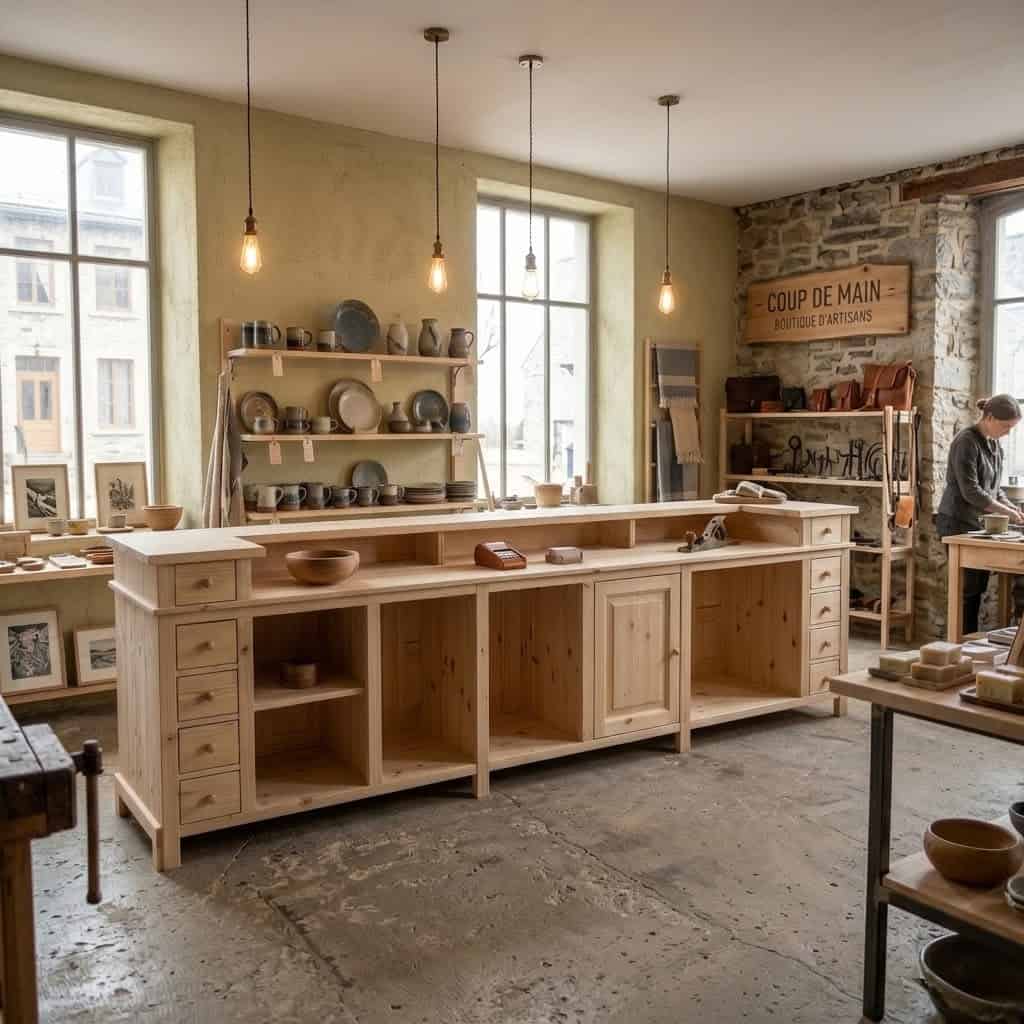 Comptoir de caisse en bois clair dans un magasin d artisans avec étagères de céramiques Spec3