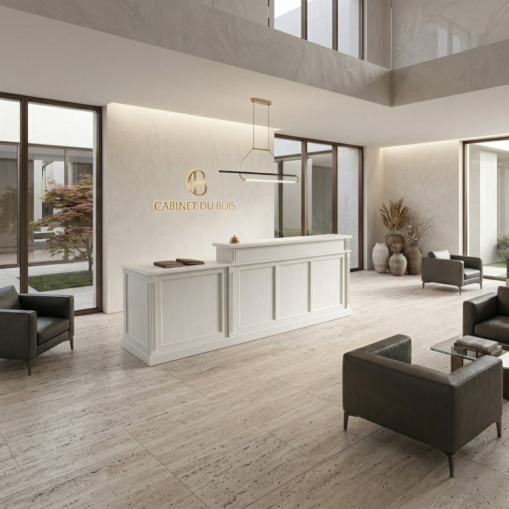Comptoir de réception blanc épuré dans une salle d attente moderne avec fauteuils en cuir SPEC4