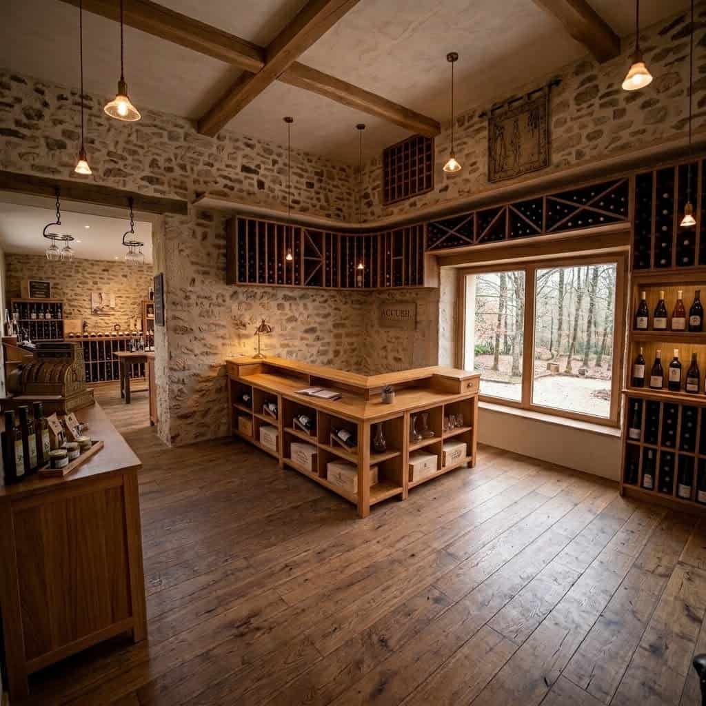 Comptoir en bois d angle au centre d une cave à vin rustique avec murs en pierres apparentes et casiers à bouteilles SPEC22156