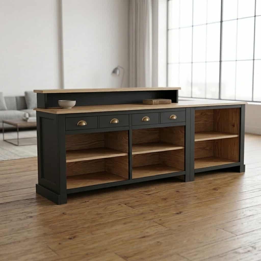 Grand meuble de caisse en bois noir et plateau en bois naturel avec rangements ouverts SPEC4