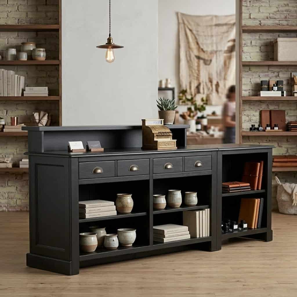 Meuble de caisse noir en bois style vintage avec étagères et tiroirs de rangement pour boutique SPEC4