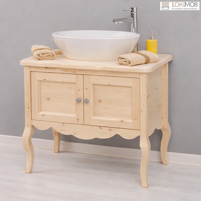 Meuble salle de bain baroque en pin massif brut avec plateau plein lokimob LM711_L0