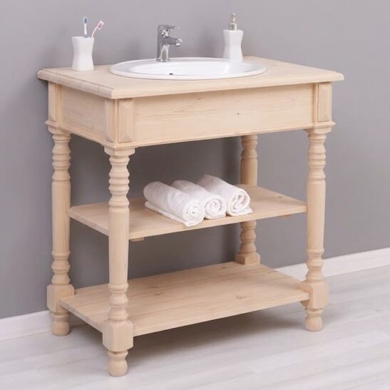 Meuble sous‑vasque 90 cm en pin massif brut avec pieds tournés
