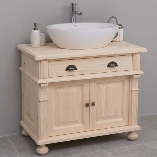 Meuble sous‑vasque 90 cm en pin massif naturel sur pieds boules