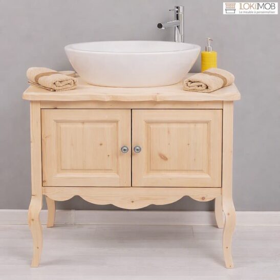 Meuble sous vasque baroque en pin massif naturel brut 90 cm