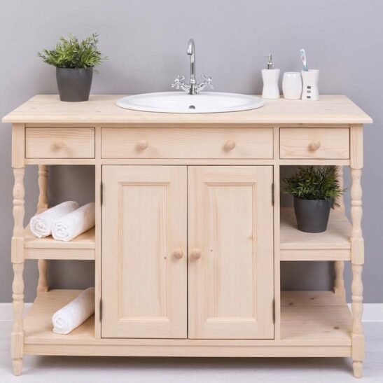 Meuble sous vasque ajouré en pin massif brut 128 cm pieds tournés