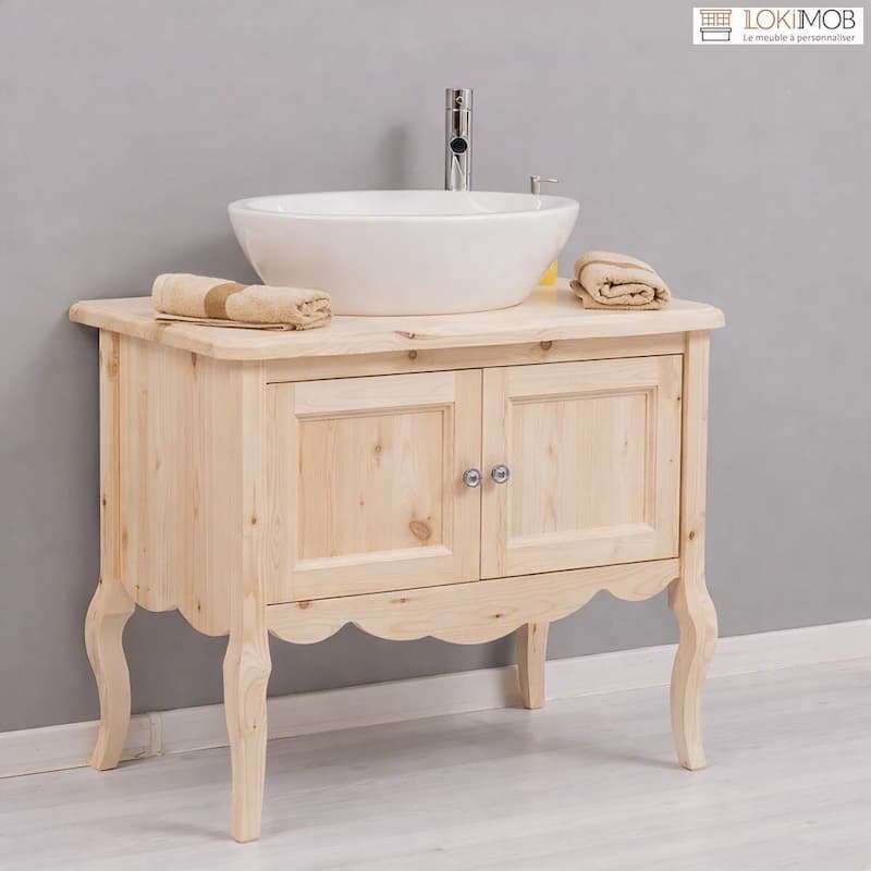 Meuble sous vasque pin massif naturel style baroque 90 cm lokimob LM711_L0