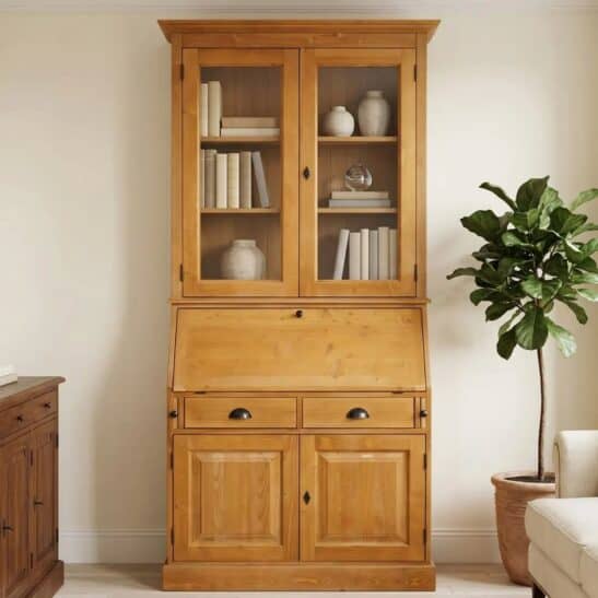 Secrétaire Bureau avec rangements bas et haut en pin massif ciré et portes vitrées