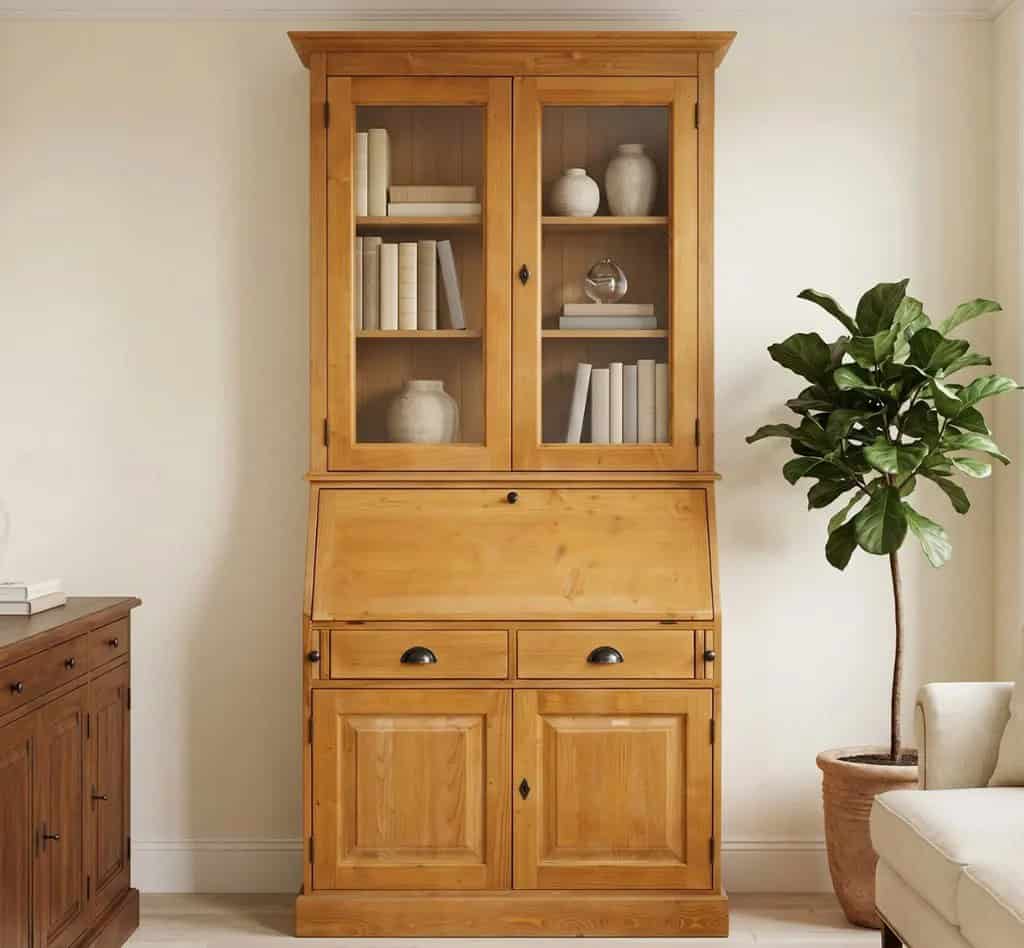 Mobilier de bureau avec plateau intégré, 2 portes et 2 tiroirs BAS + 2 portes vitrées HAUT de lokimob LM116BAS+HAUT_C002 - Ciré Brun clair (1)