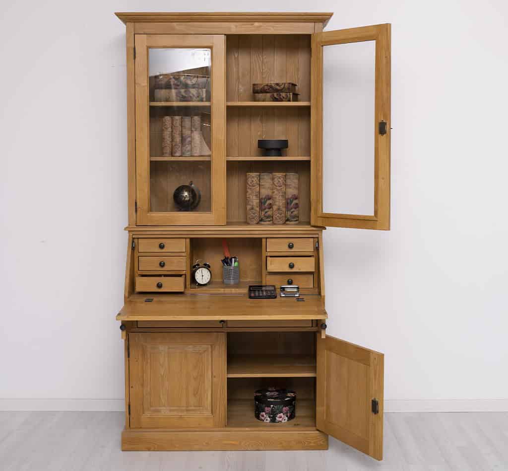 Mobilier de bureau avec plateau intégré, 2 portes et 2 tiroirs BAS + 2 portes vitrées HAUT de lokimob LM116BAS+HAUT_C002 - Ciré Brun clair (3)