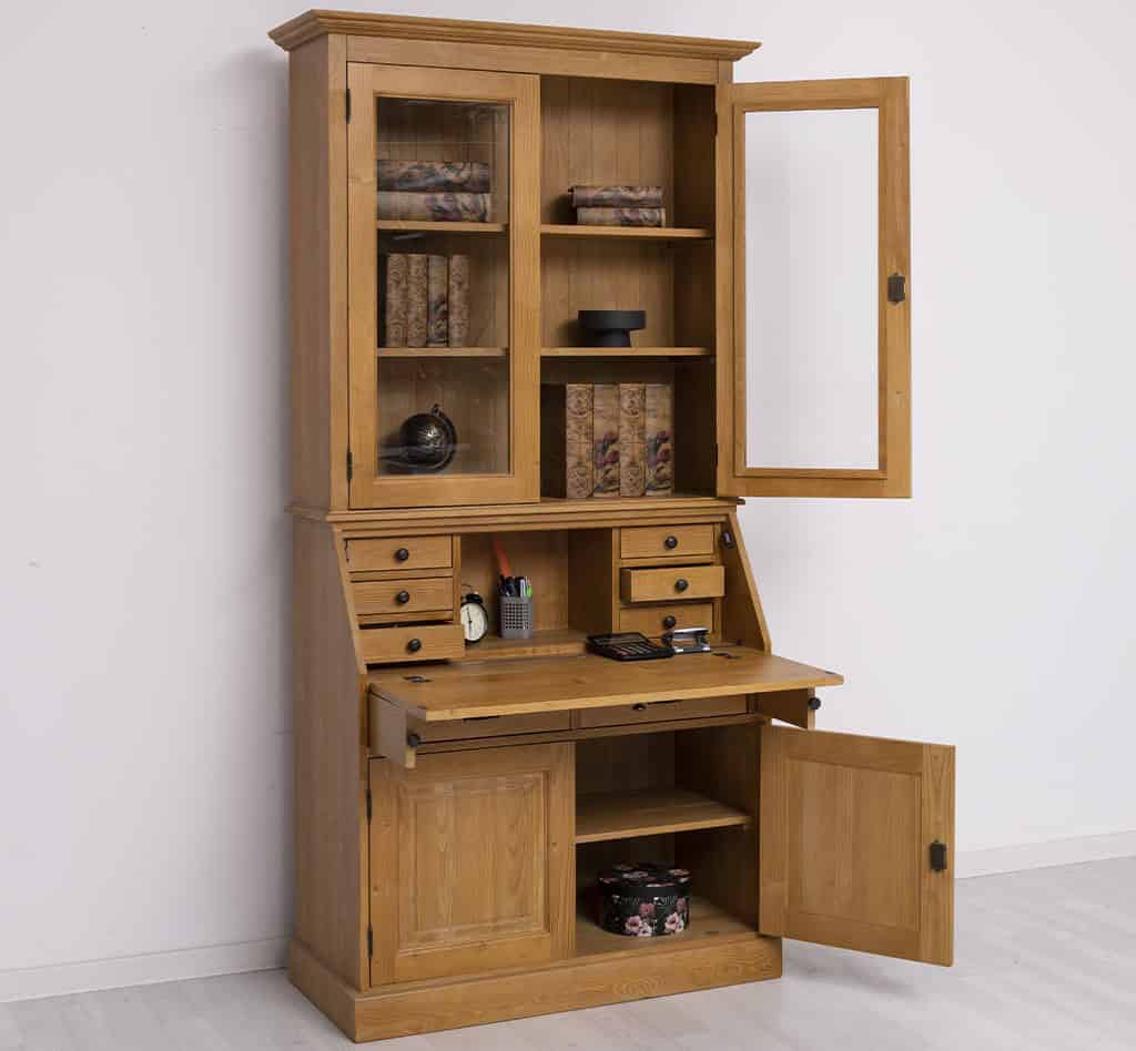 Mobilier de bureau avec plateau intégré, 2 portes et 2 tiroirs BAS + 2 portes vitrées HAUT de lokimob LM116BAS+HAUT_C002 - Ciré Brun clair (4)