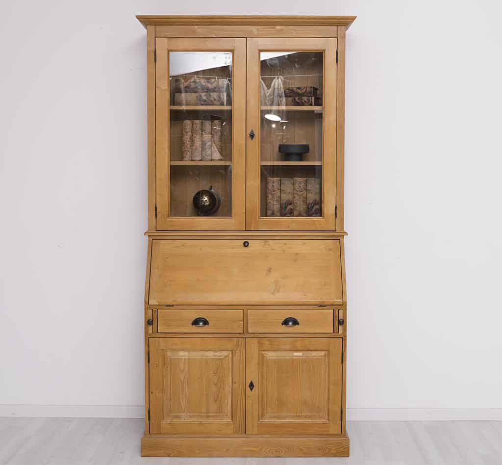 Mobilier de bureau avec plateau intégré, 2 portes et 2 tiroirs BAS + 2 portes vitrées HAUT de lokimob LM116BAS+HAUT_C002 - Ciré Brun clair (6)