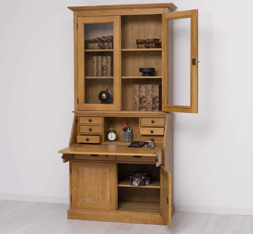 Mobilier de bureau avec plateau intégré, 2 portes et 2 tiroirs BAS + 2 portes vitrées HAUT de lokimob LM116BAS+HAUT_C002 - Ciré Brun clair (7)