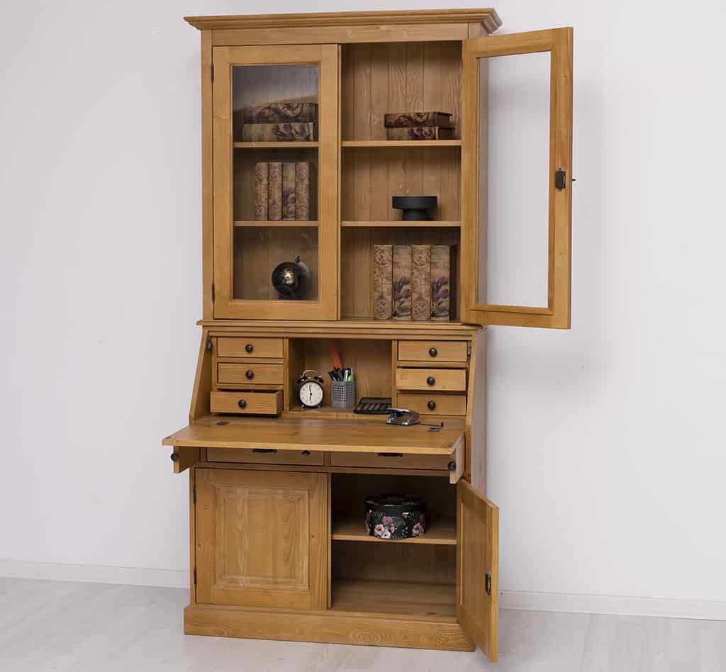 Mobilier de bureau avec plateau intégré, 2 portes et 2 tiroirs BAS + 2 portes vitrées HAUT de lokimob LM116BAS+HAUT_C002 - Ciré Brun clair (9)