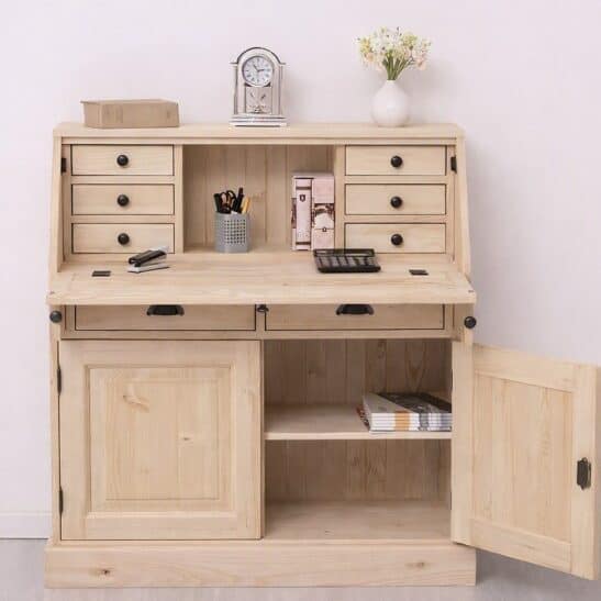 Secrétaire en bois massif naturel brut avec rangements intégrés