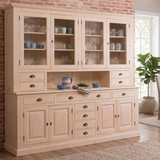 Grand Vaisselier en Pin Massif Brut 8 Portes 12 Tiroirs 245cm