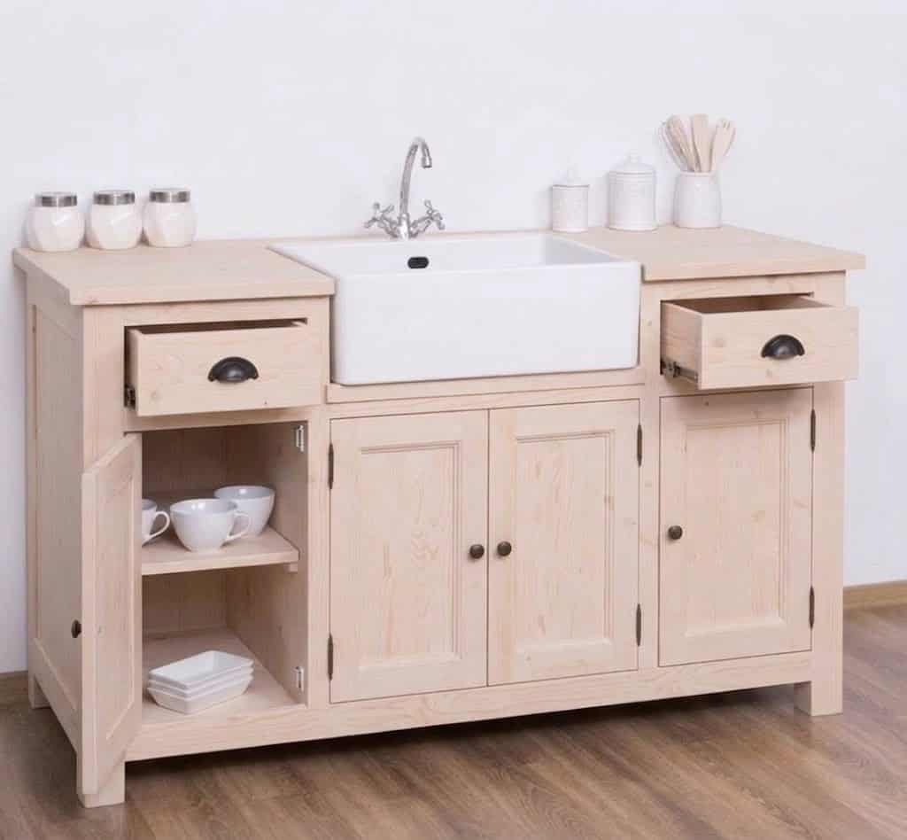 Meuble de cuisine en pin massif brut lokimob LM199_L0 avec porte et tiroirs ouverts