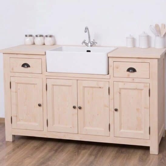 Meuble sous-évier 155 cm en pin massif naturel brut