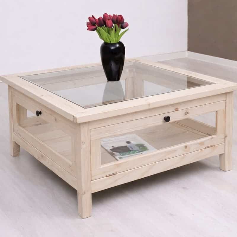 Table basse vitrine 90×90 cm en pin massif naturel brut