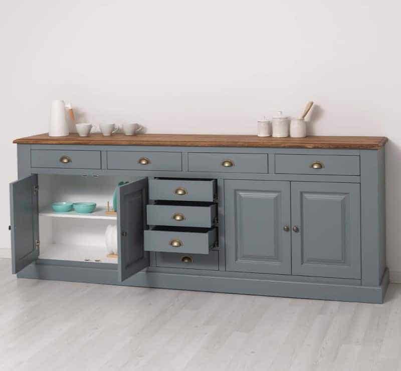 Grand buffet 239 cm portes et tiroirs ouverts vaisselle lokimob LM404BAS_plateauchêneBP064_intL004_extL042
