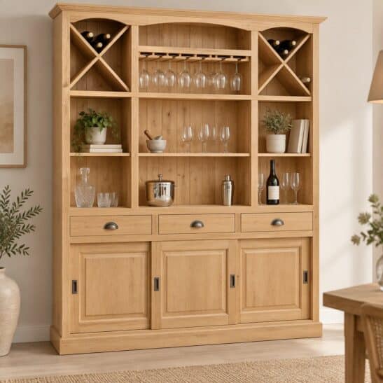 Grand Vaisselier Meuble Bar en Chêne avec Range-Bouteilles et Portes Coulissantes